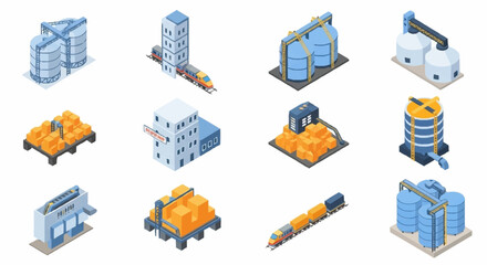Isometric industrial buildings and transportation elements including silos, factories, warehouses, and trains. © Dan