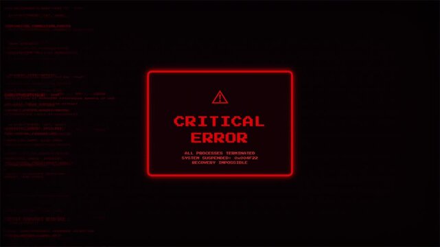 Flashing red critical error prompt over scrolling machine code, cyber security warning 4k video