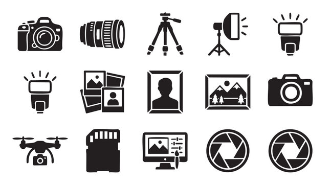 Photography icons, camera symbols, video production graphics, filmmaking signs, 16 black and white vector graphics
