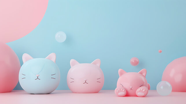 3D claymorphism pastel pink and blue cute cats with copy space for international cat day vet clinic promo and children toy ecommerce poster template
