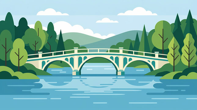 A picturesque illustration of a white arched bridge spanning across a calm blue body of water, surrounded by lush green trees and rolling hills under a clear sky