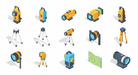 Fototapeta premium Collection of isometric surveying equipment and tools for land measurement and construction projects.