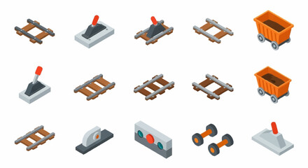 Set of isometric mining cart and railway track elements for game design. © Dan