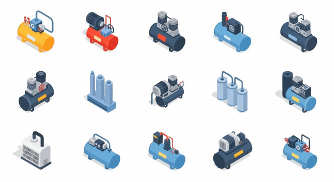 Collection of isometric air compressor icons in various colors and designs.