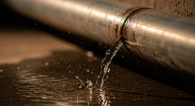 Leak pipe water metal corrosion flow leaking pipe with water dripping on wet floor and subtle mood hint of hypertension in dramatic light