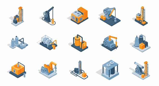 Set of isometric icons representing oil and gas industry equipment and machinery.