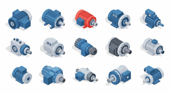 Collection of isometric electric motors and industrial machinery components isolated on white background.