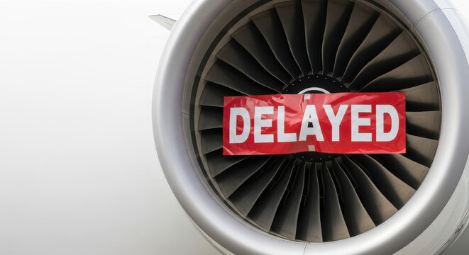 Delayed sign on airplane engine turbine blades showing us china trade tensions affecting flight schedule and causing travel disruption