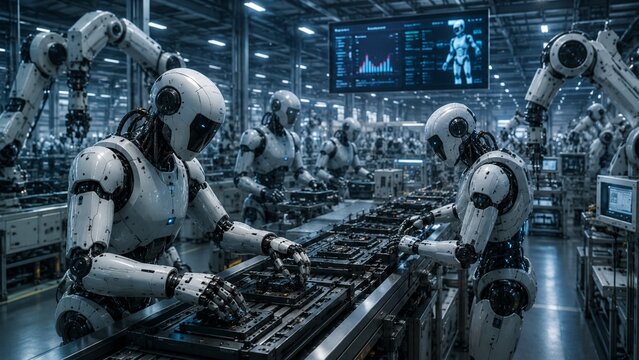 Humanoid Robots Working Together in an Advanced Automated Factory 