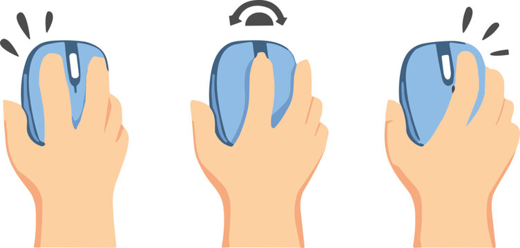 Hand Using Computer Mouse Vector Icon Set Showing Left Click Scroll and Right Click Actions for Tutorial Designs