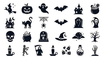 Fototapeta premium Flat black Halloween silhouettes featuring spooky ghosts, pumpkins, bats, skulls, and haunted houses for holiday design projects