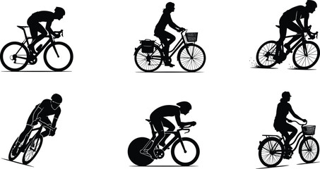 Obraz premium Set of professional cyclist and city commuter bicycle silhouettes isolated on white background for sports and active lifestyle graphic design
