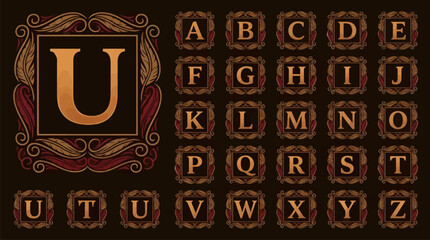 Ornate Alphabet Letters A-Z in Decorative Square Frames, Vintage Decorative Typography Design with Flourishes, Elegant Copper and Burgundy Color Palette, Vector Illustration © sukarna