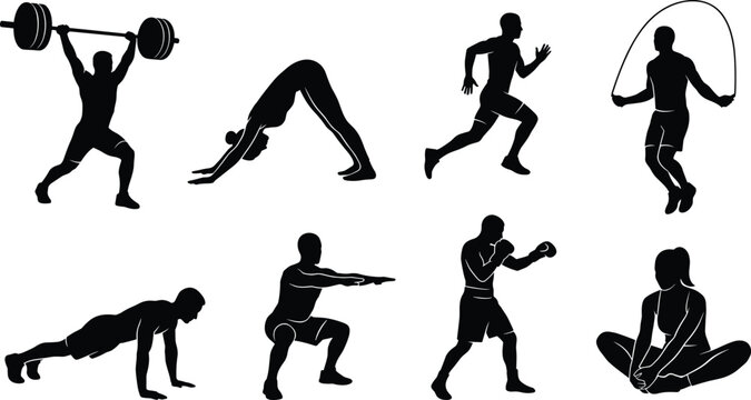 Set of fitness and workout silhouettes featuring weightlifting yoga pose running skipping rope push up squatting boxing and stretching