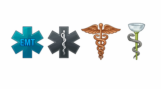 Four Medical Symbols Arranged Linearly: EMT Star of Life, Caduceus, and Rod of Asclepius on White Background, Vector Illustration