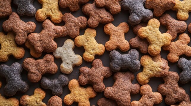 Close-up view of assorted dog biscuits in bone shapes, various colors and textures.
