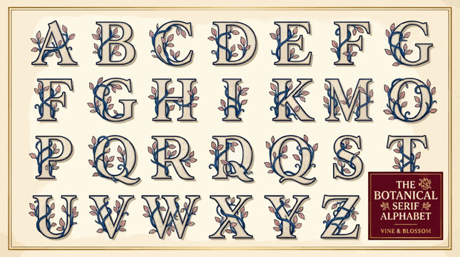 Decorative Botanical Serif Alphabet Vector Illustration with Blue Vines and Pink Leaves, Full Set of Capital Letters A-Z on Cream Background with Border