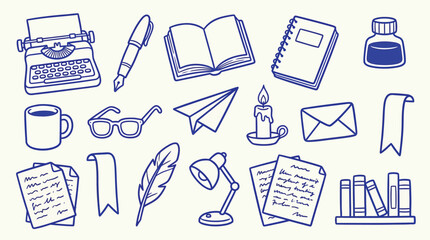 Collection of hand-drawn writing and reading icons on a light background, including a typewriter, books, and pens. © zainab