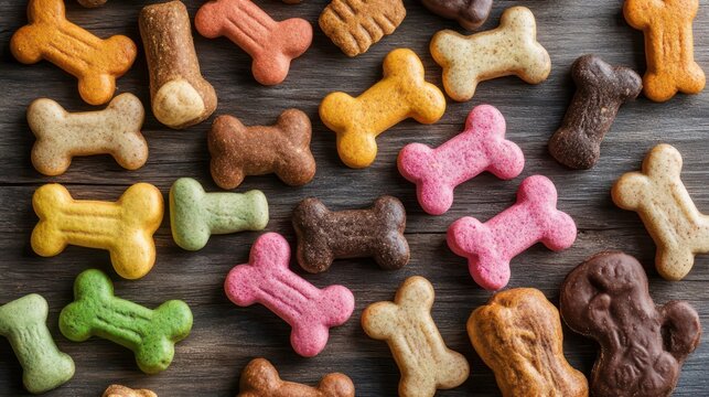 Colorful bone-shaped dog biscuits scattered on a wooden surface.