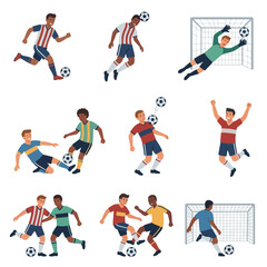 Various illustrations of male soccer players in action, including dribbling, heading, goalkeeping, tackling, juggling, celebrating, passing, and shooting. © Insan
