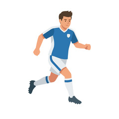Obraz premium A male soccer player in a blue and white uniform running on a white background, ready for a game.