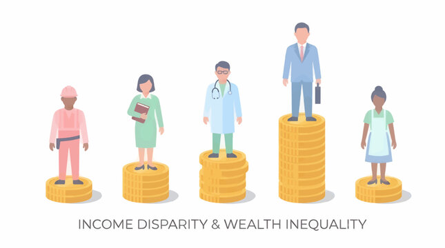 Flat Design Vector Illustration of Diverse Professions Standing on Stacks of Coins Representing Income Disparity and Wealth Inequality, Social Concept