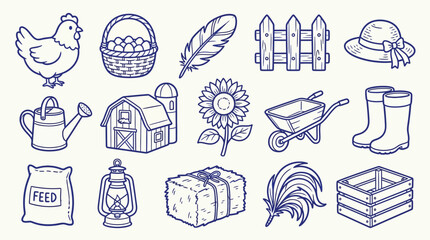 Collection of hand-drawn farm icons including a chicken, barn, fence, and gardening tools. © zainab