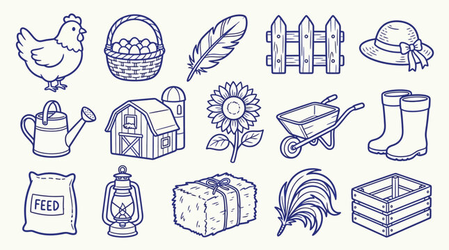 Collection of hand-drawn farm icons including a chicken, barn, fence, and gardening tools.