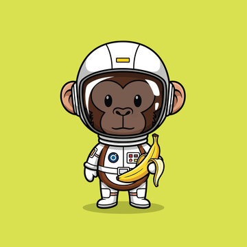 Cute Astronaut Monkey with Banana - Adorable Space Chimp Cartoon Vector Illustration