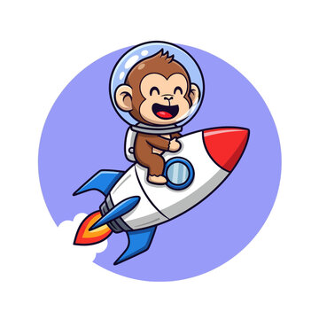 Joyful cartoon monkey astronaut in a space helmet and white suit, riding a white and red rocket ship with blue fins, launching with fire exhaust against a simple purple circle.