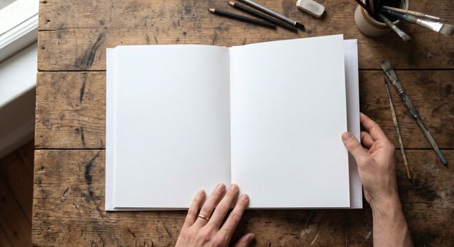 Blank white sketchbook opened flat by hands POV on wooden art desk