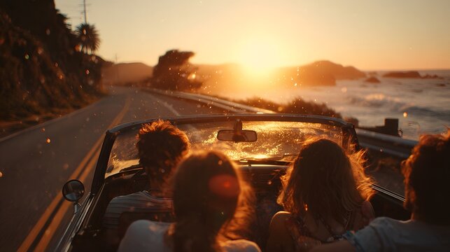Scenic sunset drive along coastal road with friends enjoying travel adventure du golden hour by the ocean
