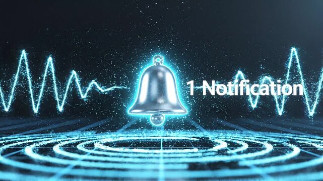 A 3d render of a metallic notification bell with the number 1 displayed beside it. Set against a dark background with a glowing blue digital grid pattern.