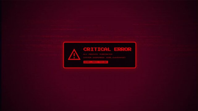 Red digital alert flashing critical system error over scrolling code, cybersecurity breach interface 4k video