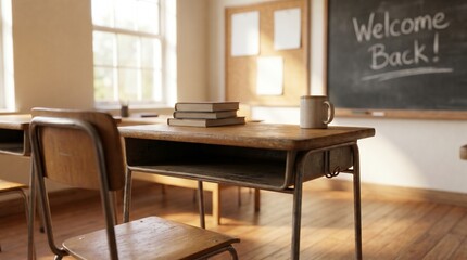 Fototapeta premium Empty Classroom Desk with Books and Welcome Back Chalkboard Sign for Back to School Education Concept and Academic Learning Environment