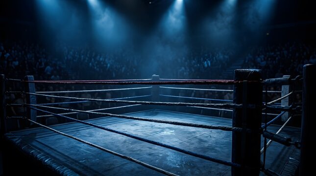 Empty boxing ring under dramatic blue spotlights creating intense pre fight atmosphere