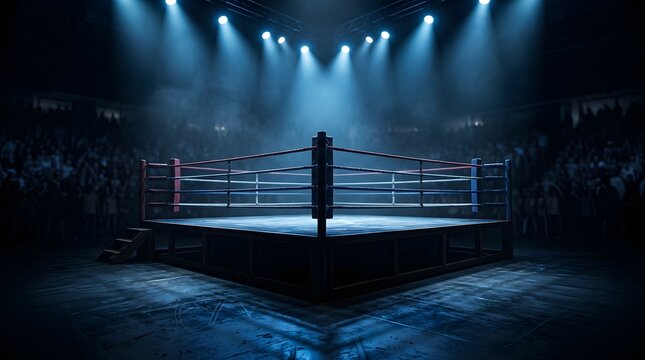 Empty boxing ring under dramatic blue spotlights creating intense pre fight atmosphere