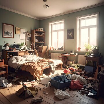 messy room with bed and furniture.