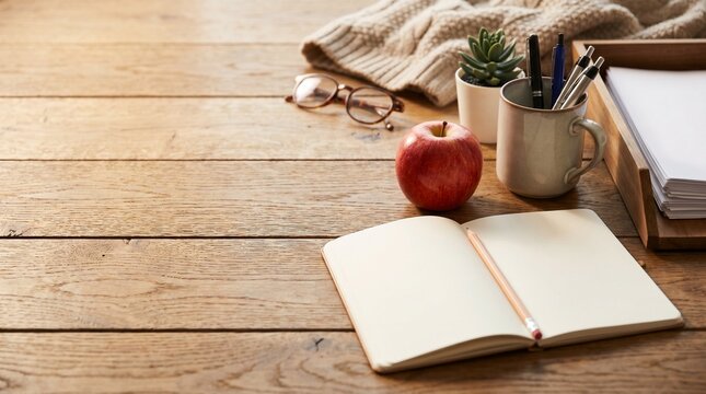 Cozy study desk setup with open notebook and apple for academic planning, back to school concept, minimalist workspace with stationery and sweater on rustic wooden table