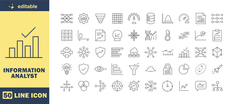 Information Analyst Line Icon Set &ndash; Data Analytics, Statistics, Dashboard, Business Intelligence and Research Outline Icons Collection