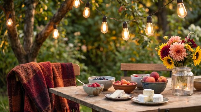 Cozy Autumn Garden Picnic Table Setting with Fresh Fruit Cheese Platter and String Lights for Romantic Outdoor Dining Experience in Fall Season