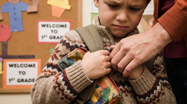 Anxious young boy on his first day of first grade school feeling nervous while parent helps with backpack, representing separation anxiety and childhood transition