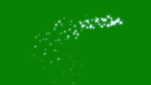 Elegant glitter particle trail motion burst, white twinkling star blink effects, glowing fairy dust motion, sparkling light streak animation, cinematic star tail magical overlay on green screen.4K