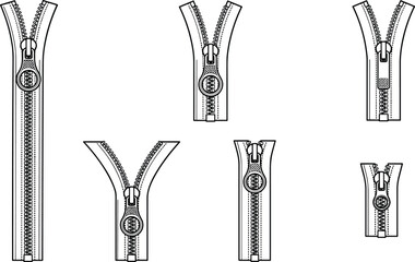 Set of hand drawn vector zipper icons open and closed metal zip fasteners for clothing tailors and fashion design © Mukta