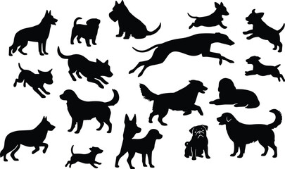 Vector collection of puppy and adult dog silhouettes in various active poses isolated on a white background © Mukta