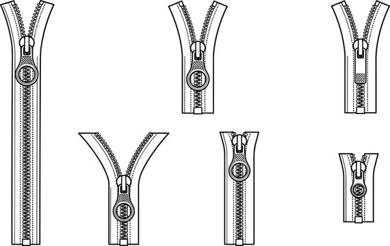 Set of hand drawn vector zipper icons open and closed metal zip fasteners for clothing tailors and fashion design