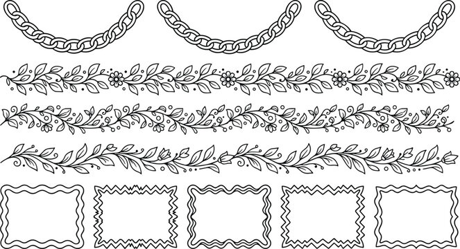 Set of hand drawn decorative border dividers chains floral leaf elements and doodle frames for vintage design ornament decoration