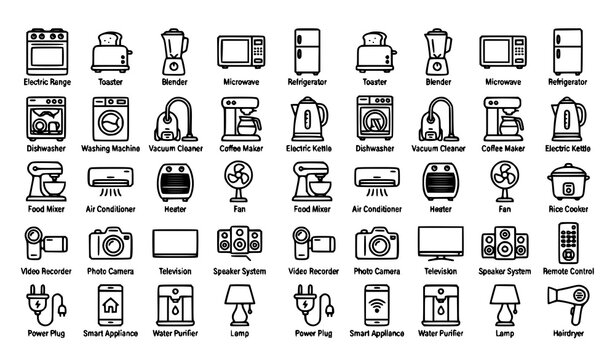 Home Appliance and Consumer Electronics Thin Line Icons with Kitchen Equipment and Camera Symbols