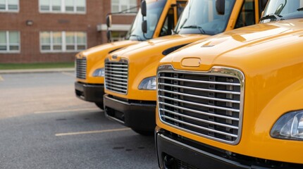 Fototapeta premium Row of yellow school buses parked in front of a brick school building representing student transportation services and back to school education logistics