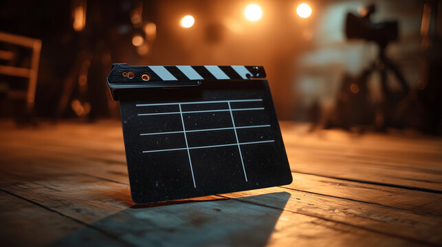 Blank movie clapperboard on wooden floor with professional stage lighting background